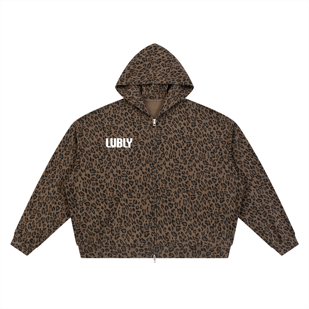 Unisex Leopard Print Waffle Full Zip Hoodie