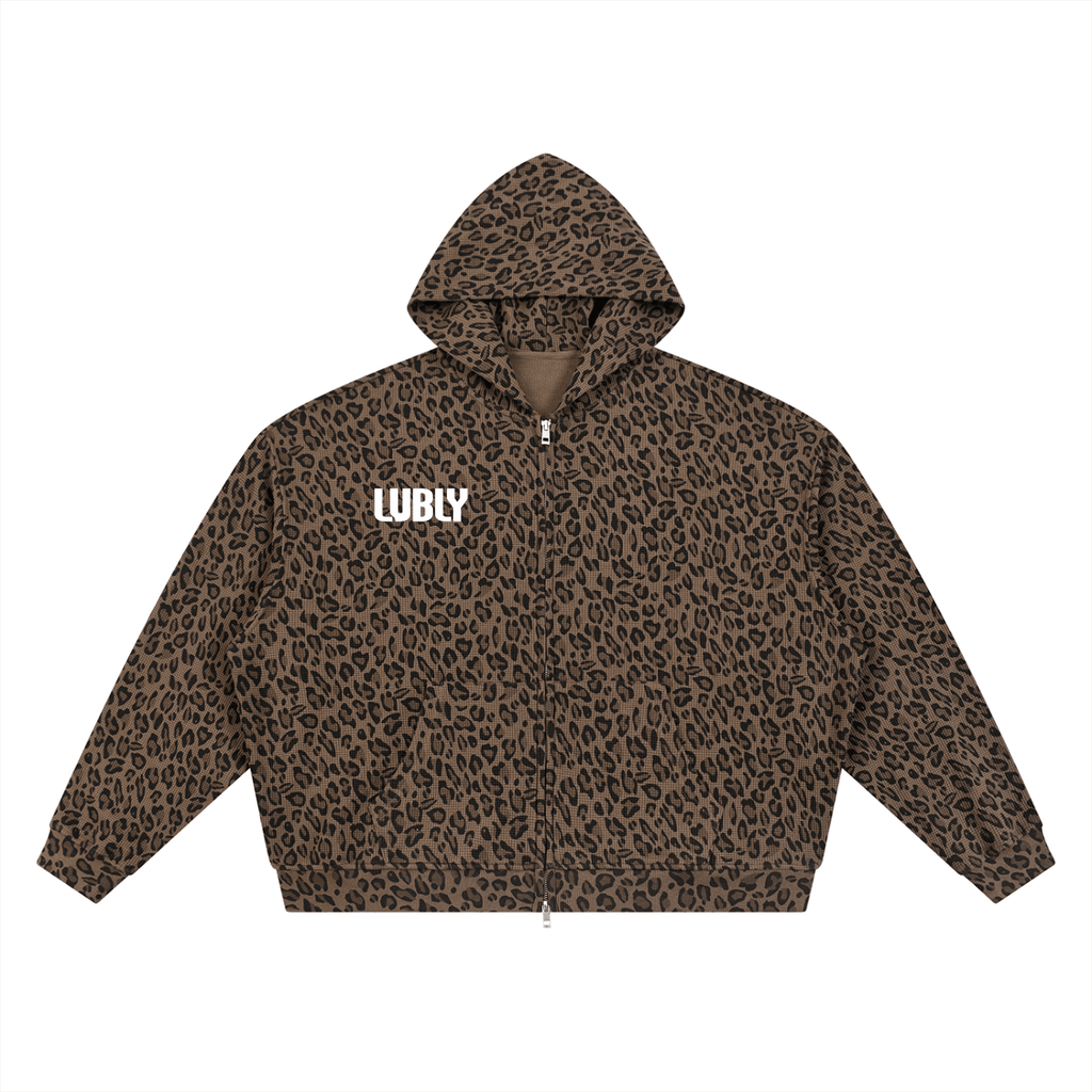 Unisex Leopard Print Waffle Full Zip Hoodie - LUBLY